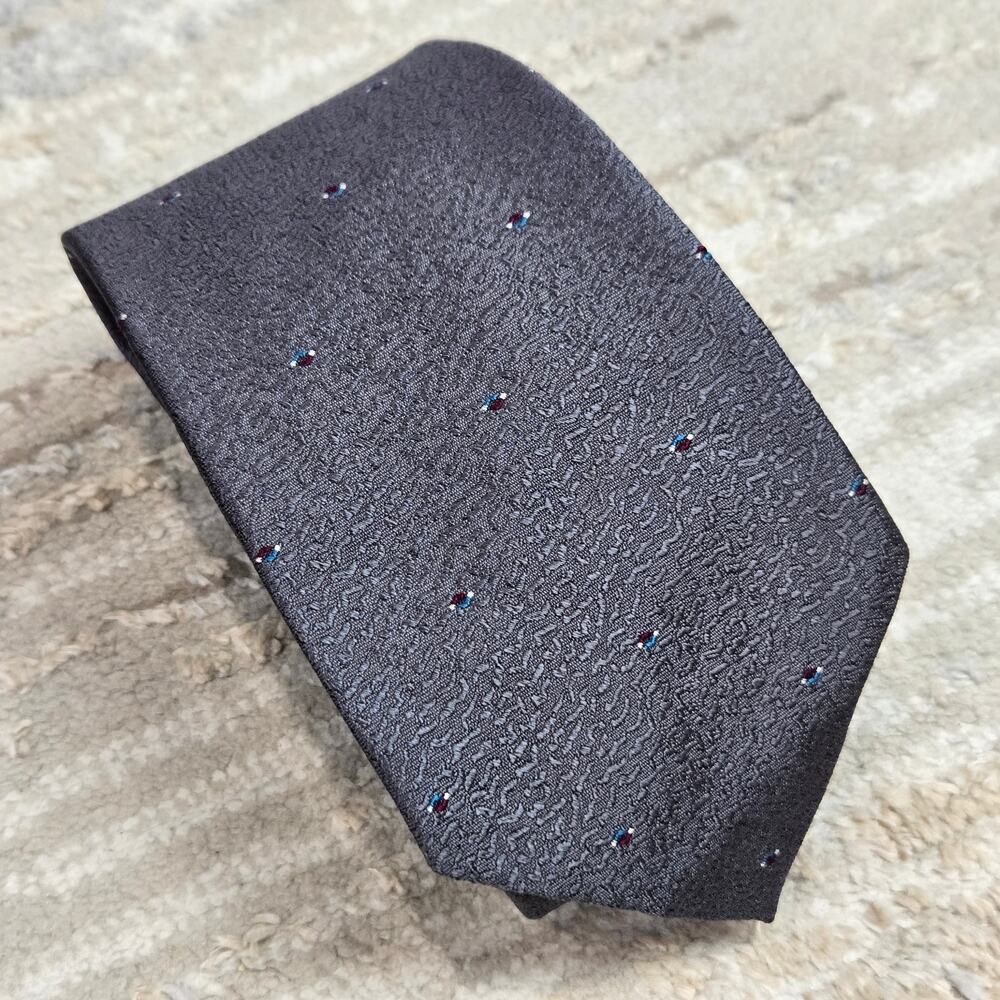 Christian Dior Silk Tie‎ Vintage Silver Gray Embroidered Blue Red Micro Print